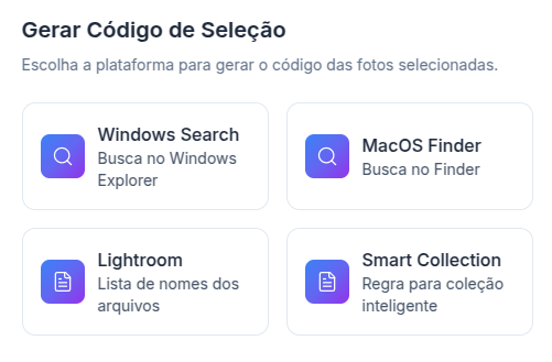 Gerador de código com as fotos selecionadas para o software de edição